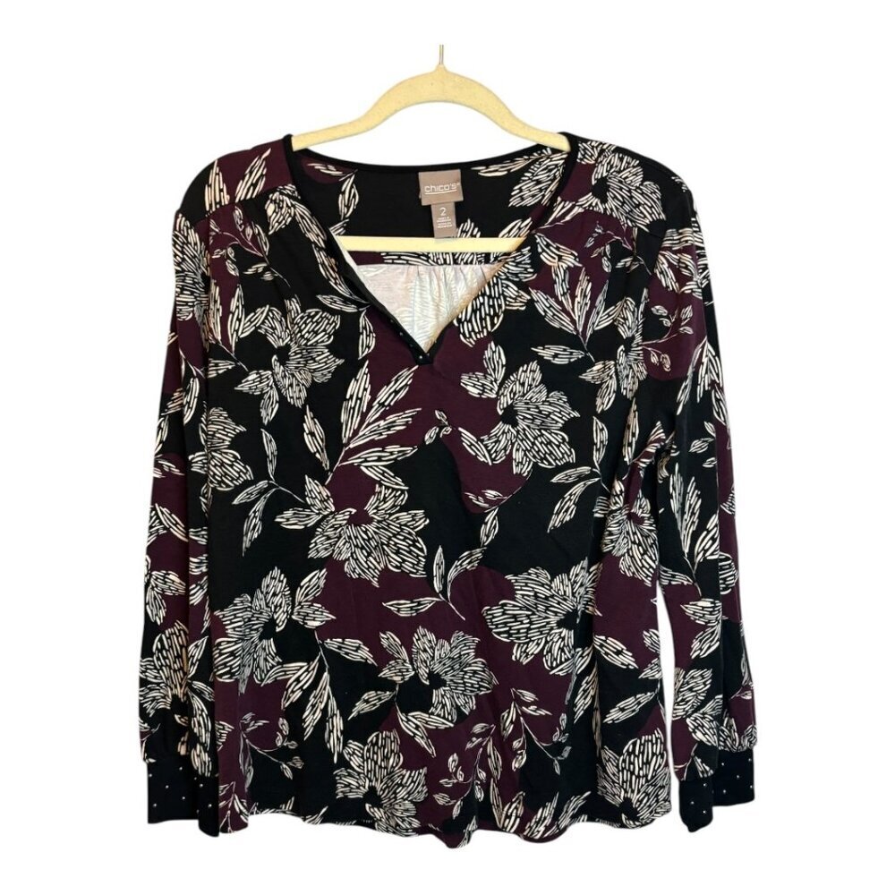 Chico's‎ Blouse Shirt Women's Size Large Floral Purple Black Chicos 2